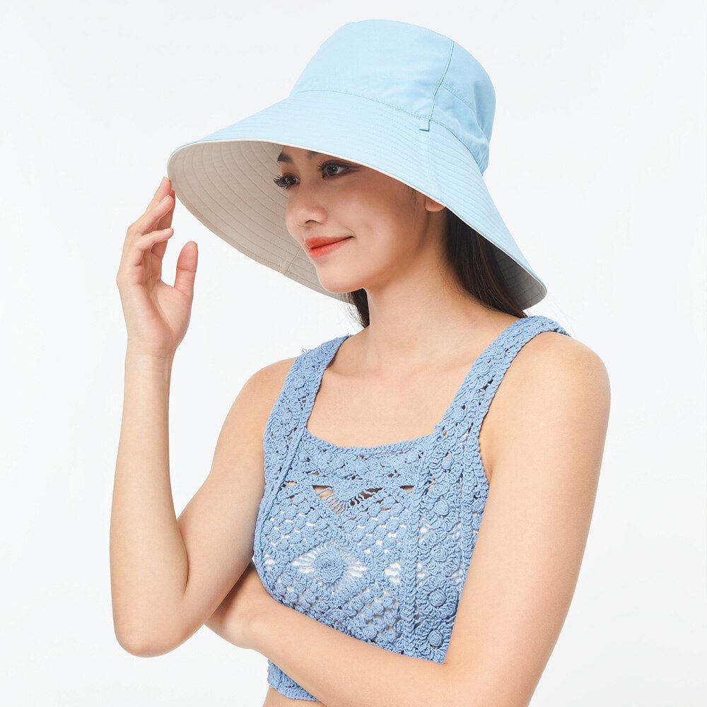 OhSunny Double-Sided Wearing Cap Solid Color Anti UV Sunscreen Bucket Hats For Women Summer Foldable Large Brim Fisherman Hat: Beige Blue
