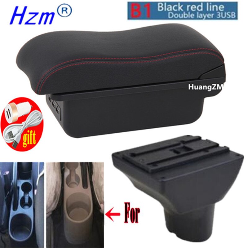 For Hyundai I20 Armrest Interior Parts special Retrofit parts Car Armrest Center Storage box with USB LED light Curved surface: B1 red line 3USB