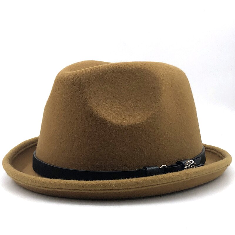 Simple Men&#39;s Felt Fedora Hat for Gentleman Winter Autumn Church Roll Up Brim Homburg Dad Jazz Hat: khaki