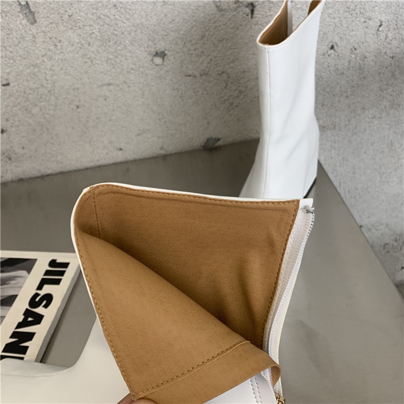 Winter Ins Elegante Vrouwen Wit Blok Hoge Hakken Enkellaarsjes Lady Vierkante Neus Korte Laarzen Chelsea Laarzen Party schoenen