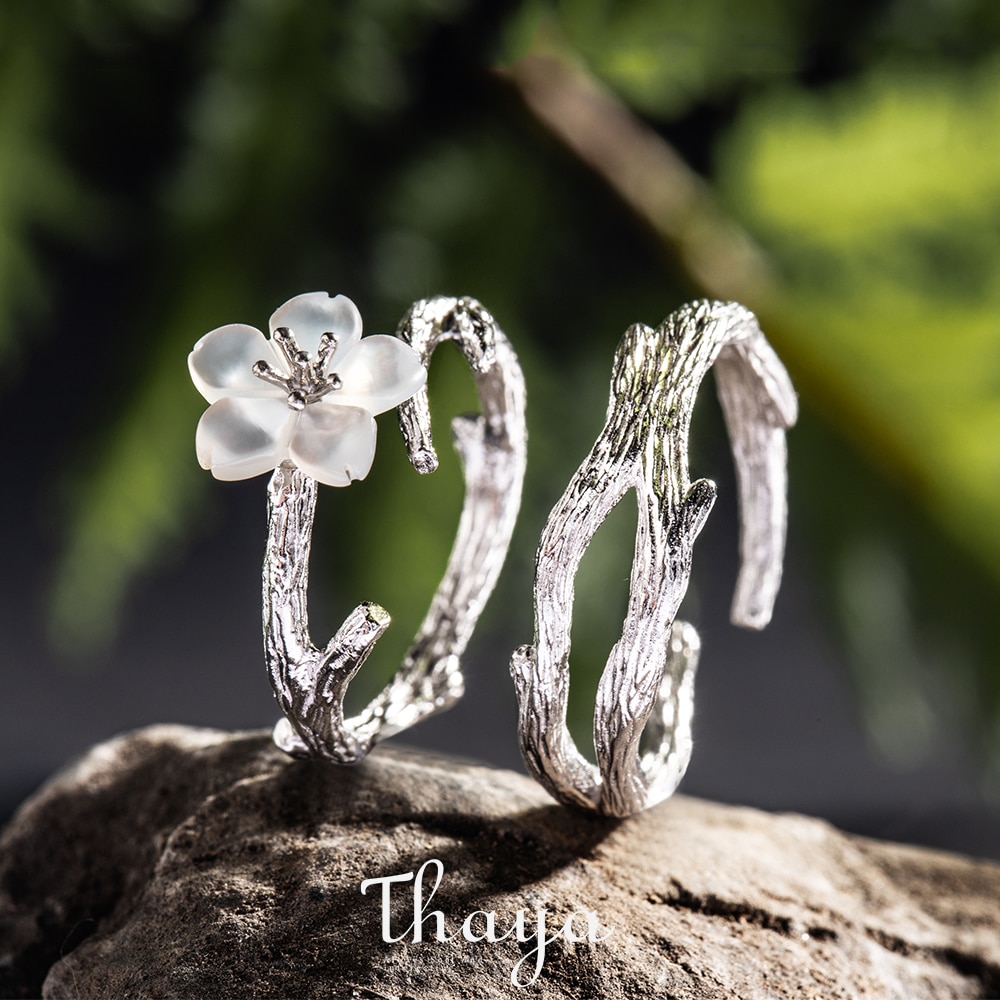 Thaya Weiß Kirsche Blossom Silber Ring s925 Silber Natürliche Perle Shell Blume Zweig Ringe für Frauen Elegante Damen Schmuck