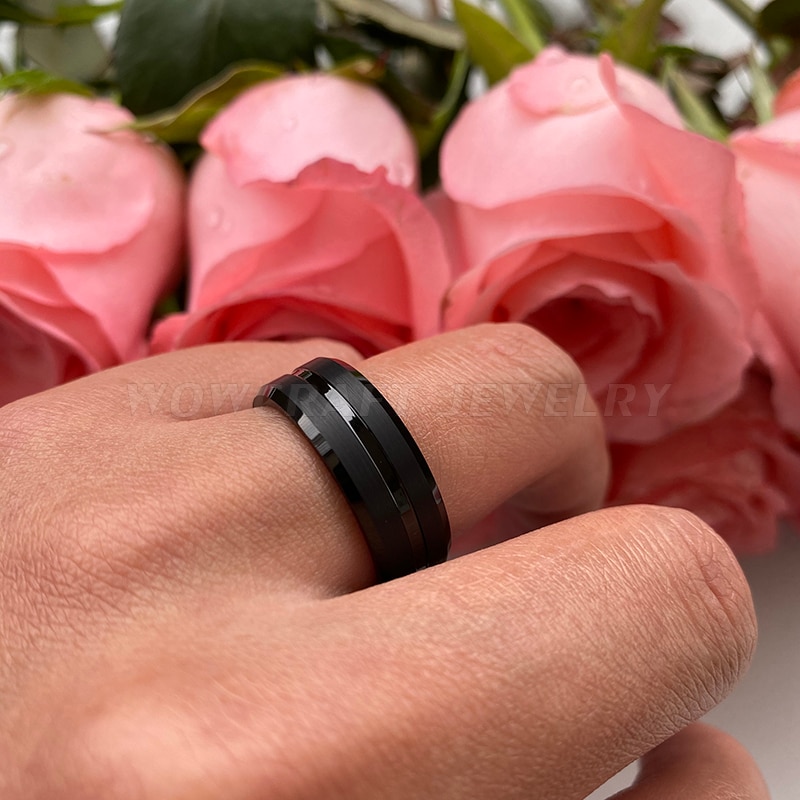 8 Mm Black Tungsten Carbide Ring Wedding Band Voor Mannen Vrouwen Gegroefde Center Geborstelde Afwerking Comfort Fit Graveren Gratis