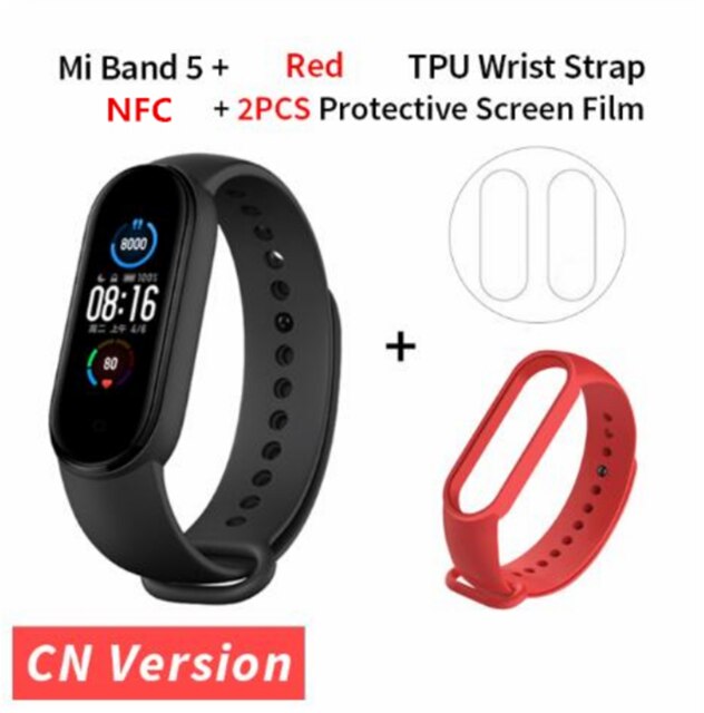 Xiaomi Mi Band 5 NFC Version Smart Bracelet AMOLED Screen Miband 5 Smartband Fitness Traker Bluetooth Heart Rate Smart Band: add red strap film
