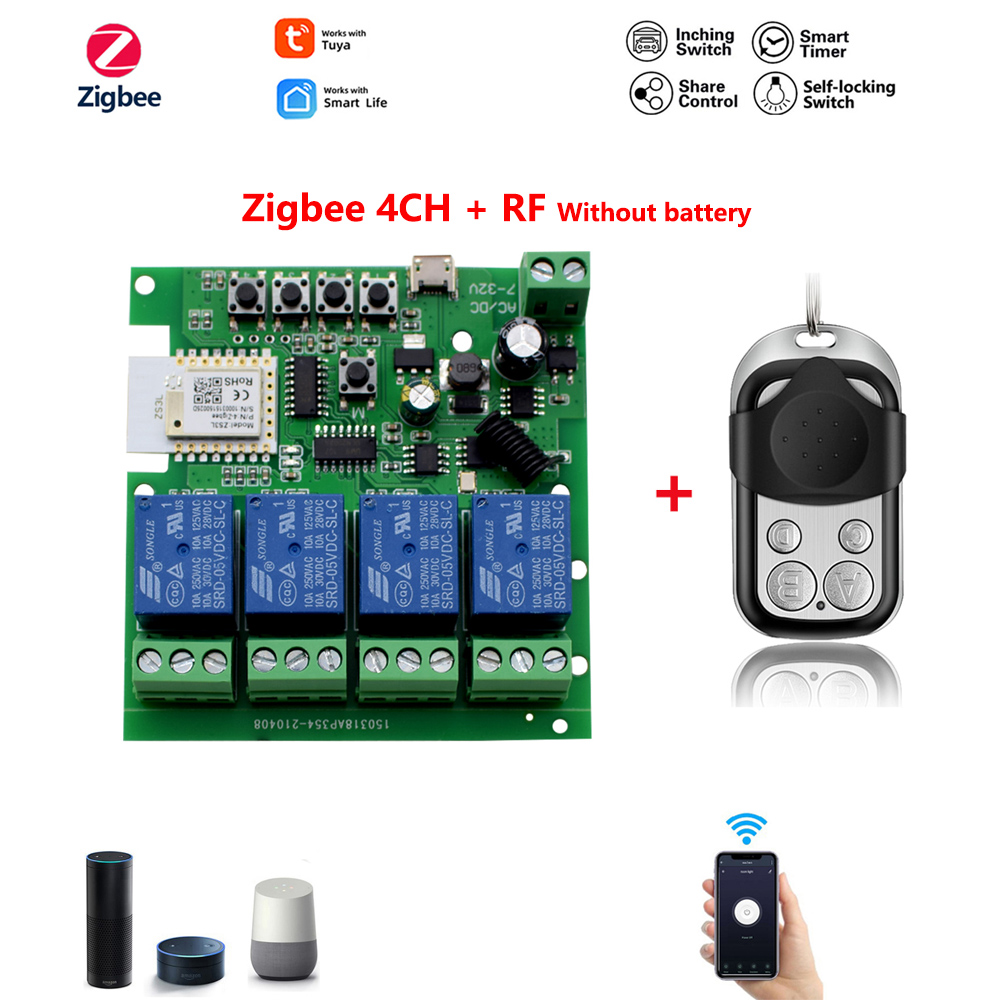 Zigbee 3.0 Wifi Smart Switch Home RF Relay Module 1/2/4 Ch DC 12V 24V 7V-32V Voice Group Remote Control Work With Tuya Alexa: Zigbee 4CH and RF