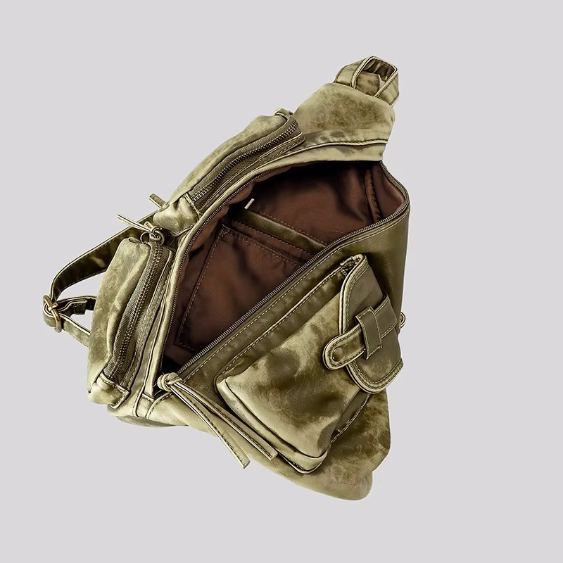 Annmouler Backpacks for Women Soft Washed Letaher Sling Chest Bag Vintage Multi-pockets Punk Style Small Bag
