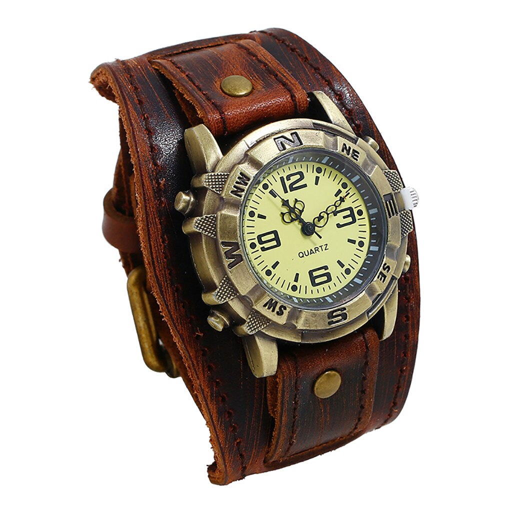 Retro Horloge Mannen Punk Retro Eenvoudige Pin Gesp Riem Lederen Band Horloge Relogio Masculino Bruin Grote Brede Lederen Armband Manchet mannen: Coffee