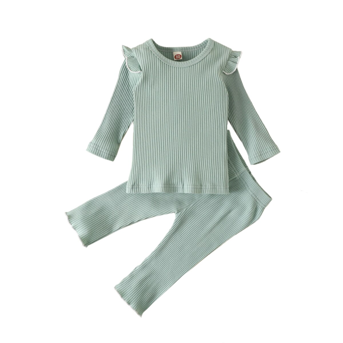 2Pcs Cotton Toddler Infant Girls Clothing Set Fall Ribbed Stripes Ruffle Long Sleeves Elastic Tops+Pants Kids Sleepwear: Green / 3T
