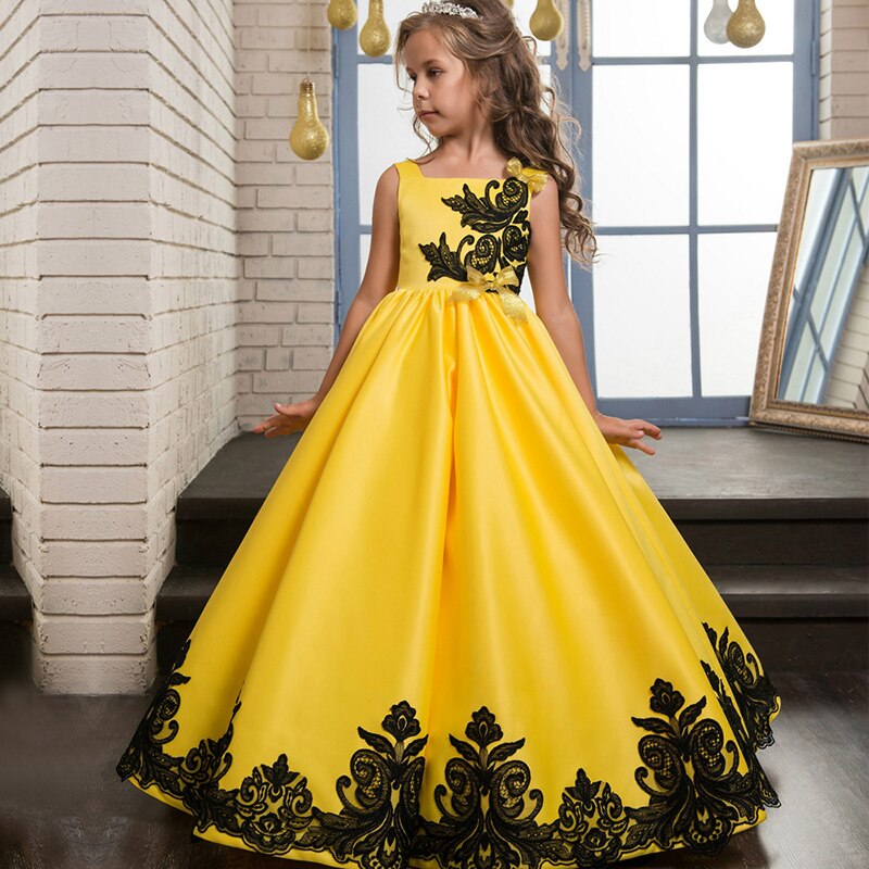 Venta al por menor vestidos de flores para niñas vestido largo amarillo bordado Primera Comunión vestidos de boda