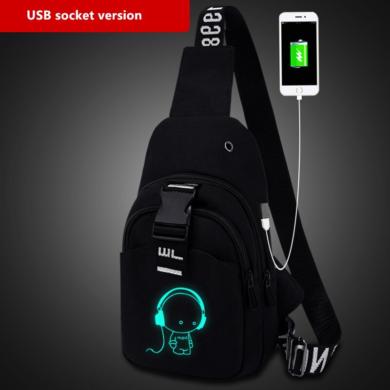 Multifunction moda masculina crossbody sacos de carregamento usb pacote de peito curto viagem luminosa saco de peito dos jovens bolsa de ombro único: Chest bag USB