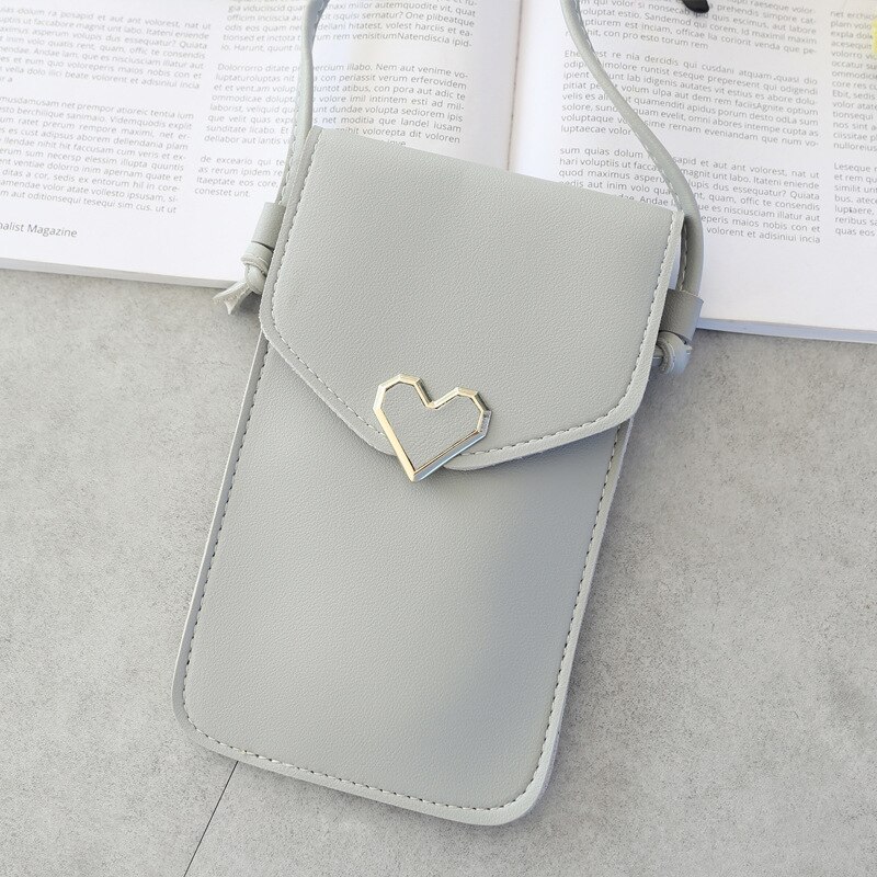 Women Heart-shaped Transparent Screen Mobile Phone Bag Mini Messenger Bags Lady Handbag and Purses Small Phone Bag: Gray