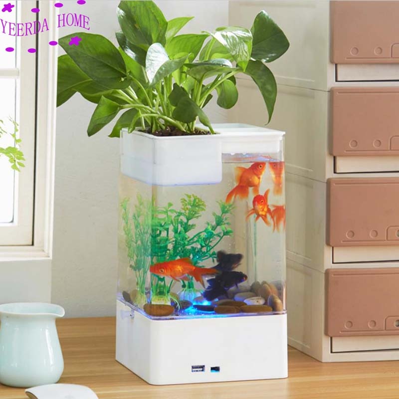 Multicolour Fish tank met LED light + USB Mini Kleine acryl plastic Aquarium bureau transparante Vis kom Originaliteit