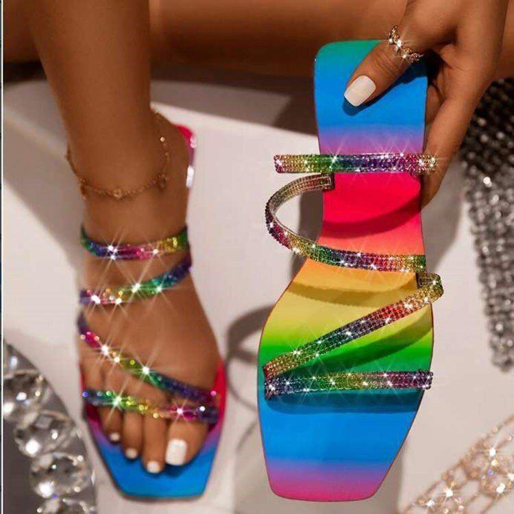 Sommer kvinder sandaler diamanter sandaler krystal skinnende slip-on cut out dame flade sandaler udendørs rutsjebaner plus str.: Lilla / 43