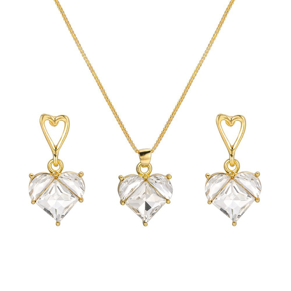 Conjunto de collar y pendientes de cristal rosa con circonita de corazón para mujer, collar colgante de lujo, pendientes, conjuntos de joyería de boda, , 3 uds.: Color amarillo claro