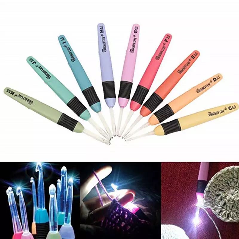 9 LED Crochet Hooks Knitting Needles Crafts Weaving Tool Luminous Crochet Hook DIY Knitting Tools Needle Kit