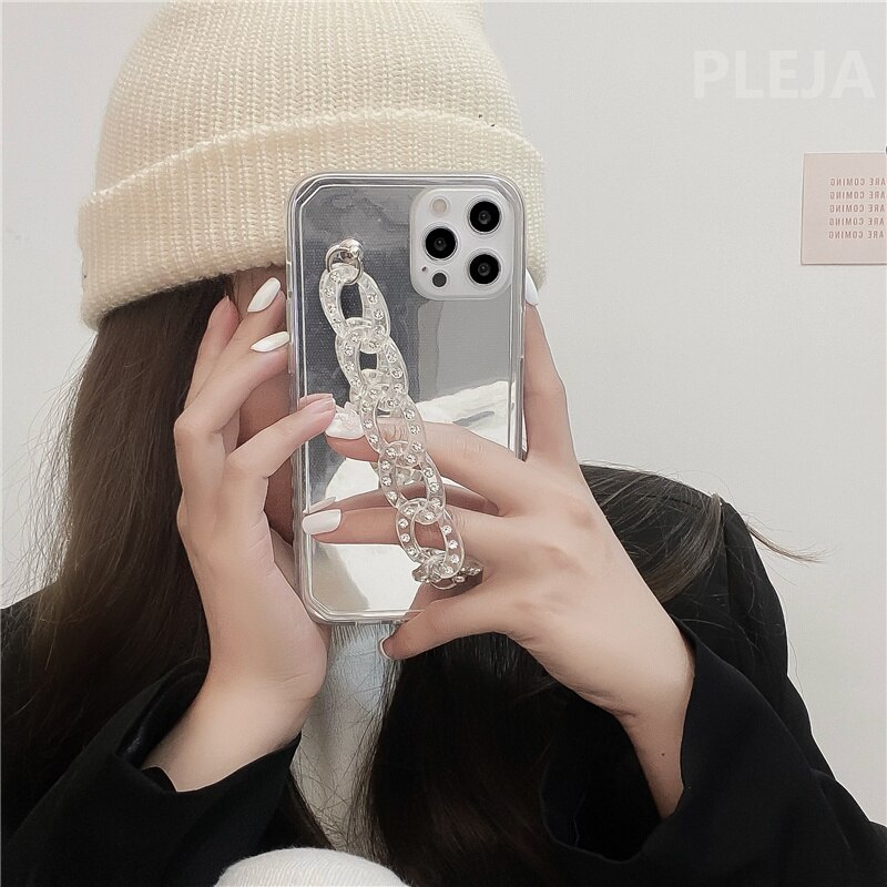 Luxury Rhinestone Chain Wristband Mirror Phone Case For iphone 12 mini 11 Pro max 7 8 plus SE X XR XS Max Clear Hard Cover