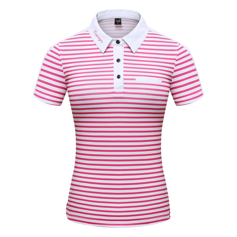 Kvinder stribet golf-t-shirt sommer kortærmet åndbar t-shirt damer hurtigtørrende slank sportstøj golfbeklædning  d0802: Uden bue / Xl