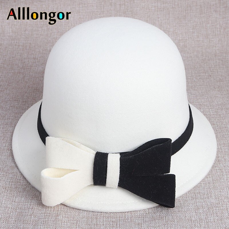 Wool Fedora Hat Women Winter Vintage Felt Hats ladies Bowknot Bucket Cap Black White dome Top Church bowler Hat: White