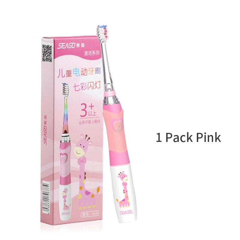 Seago-cepillo de dientes eléctrico para niños, linterna LED de colores, 16000 golpes, resistente al agua, alimentado por batería: Pink