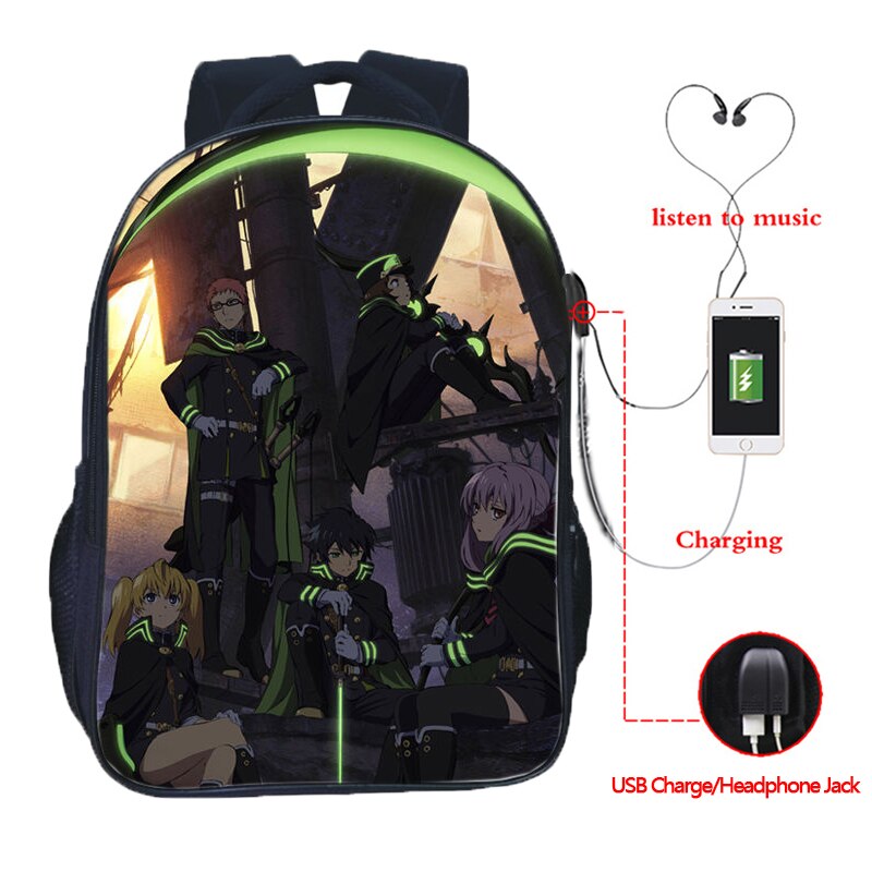 Top Seraph of the End USB Charge School Rucksack Boys Girls School Bag USB Charging Laptop Backpack