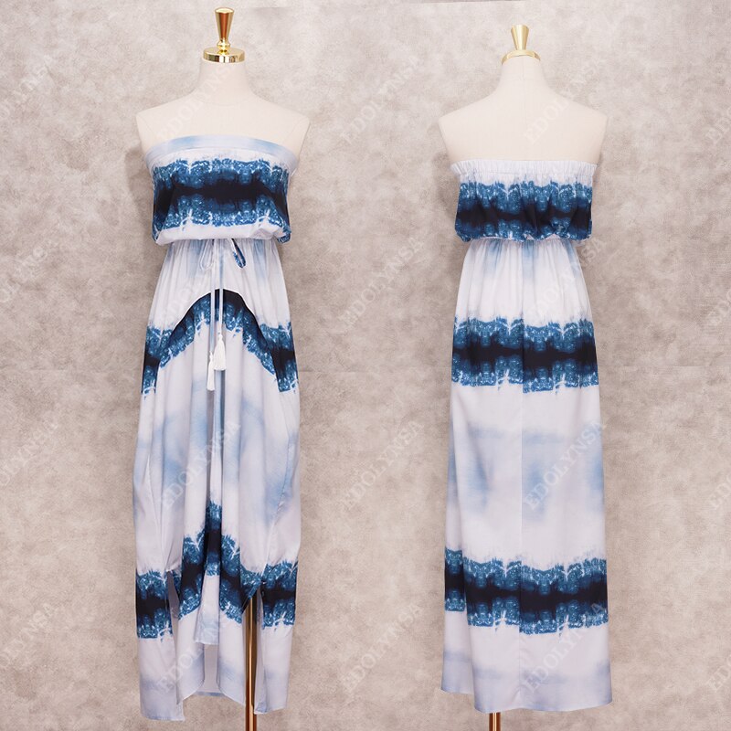 Blå bomullstunika dam strandkläder baddräkt cover up boho tie-dyed tryckt axelbandslös hög midja delad sommarklänning  a467