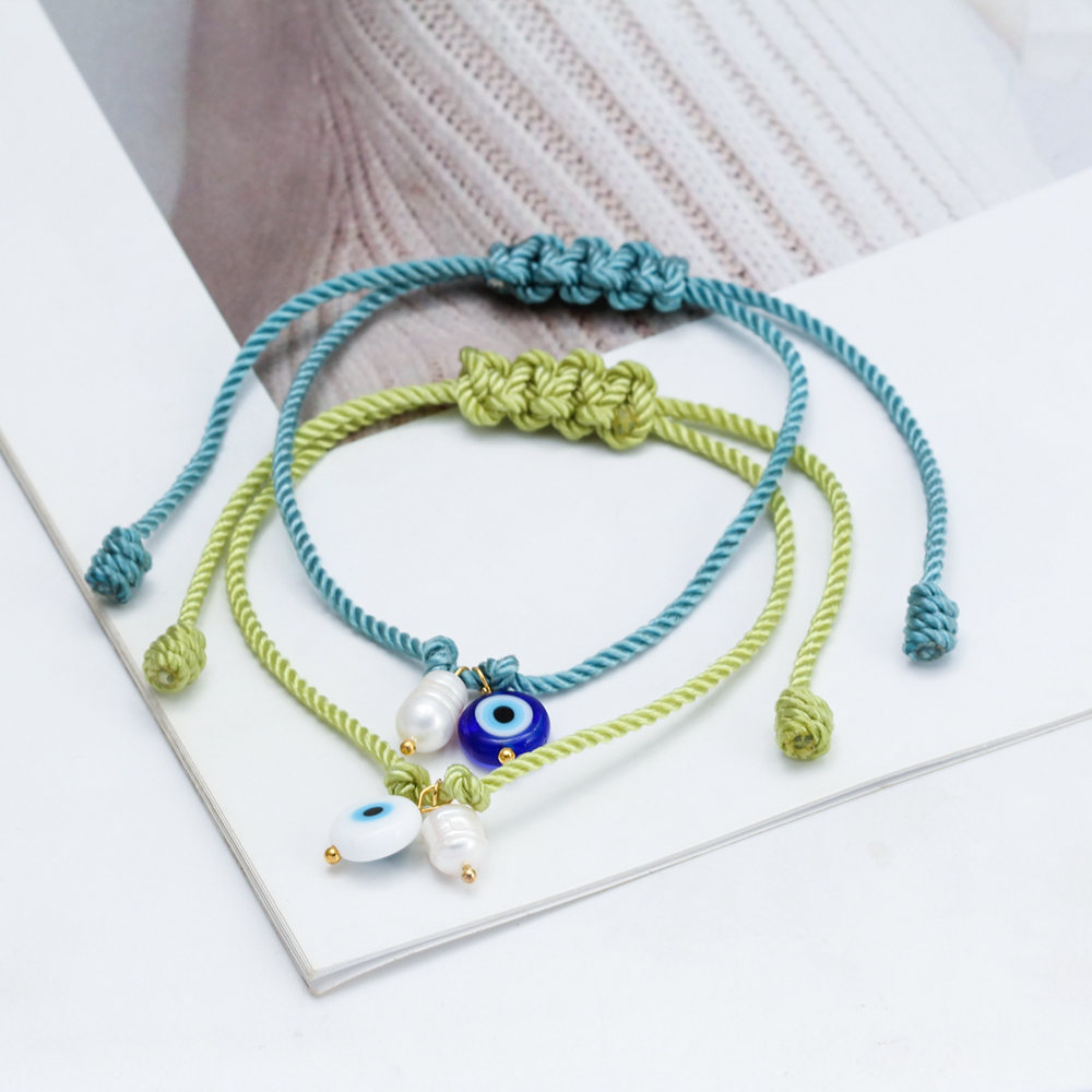 Pulsera de cuerda trenzada de ojo de la suerte, pulsera ajustable de cuentas de perlas de agua dulce de mal de ojo turco para mujeres y hombres, pulseras bijoux