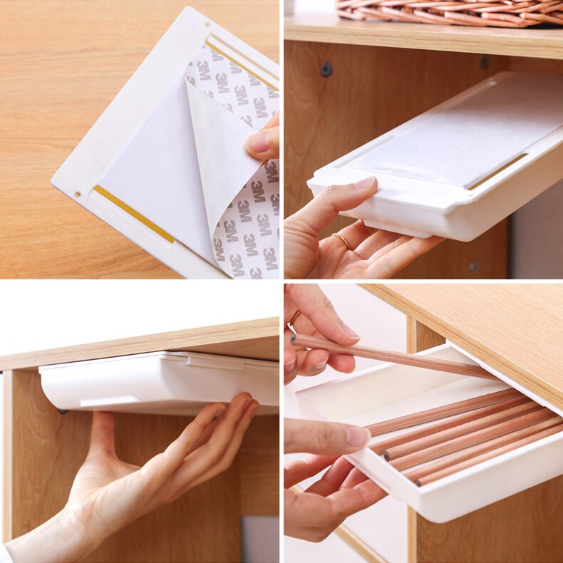 Self-Adhesive Hidden Storage Box under the table Makeup Organizer Under Desk Storage Drawer Organizer Box Stationery storage