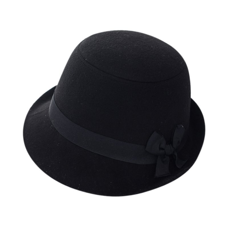 Women Girl Retro Bowknot Beach Felt Wool Fedora Hats Bowler Derby Baseball Caps ZM14s: Black