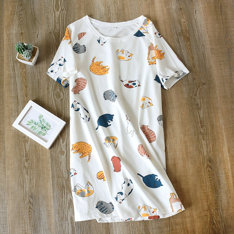 July's Lied Katoen Comfort Nachtkleding Crew Hals Sleepdress Voor Vrouwen Korte Mouw Polka Dot Cartoon Gedrukt Nachtkleding Homewear
