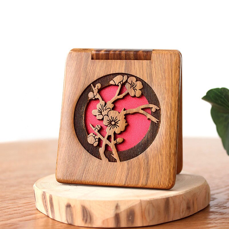 Carved Green Sandalwood Makeup Mirrors Folded Double-sided Wood Comestic Mirror Sandalwood Portable Small Pocket Mirror