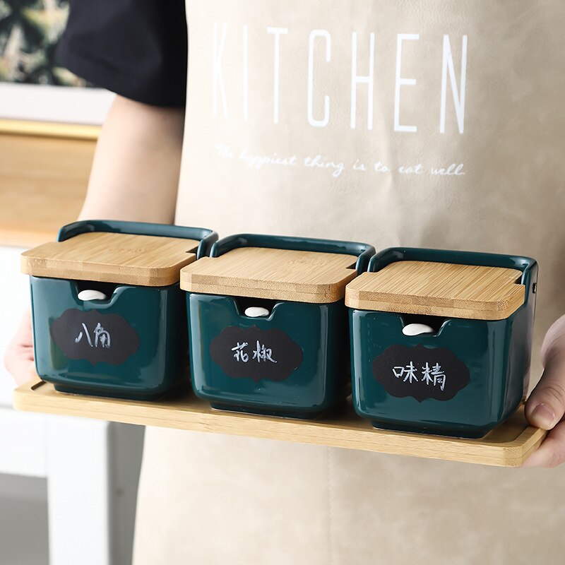 Nordic Ceramic Seasoning Pot Set Kitchen Salt Sugar Bowl MSG Seasoning Box Household Seasoning Bottle Square Pepper Pot