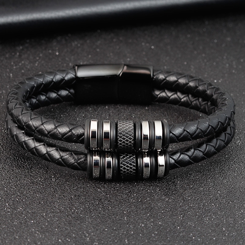 Stainless Steel Accessories Multi-layer Hip Hop Rock Style Black Color Men's Leather Bracelet Year
