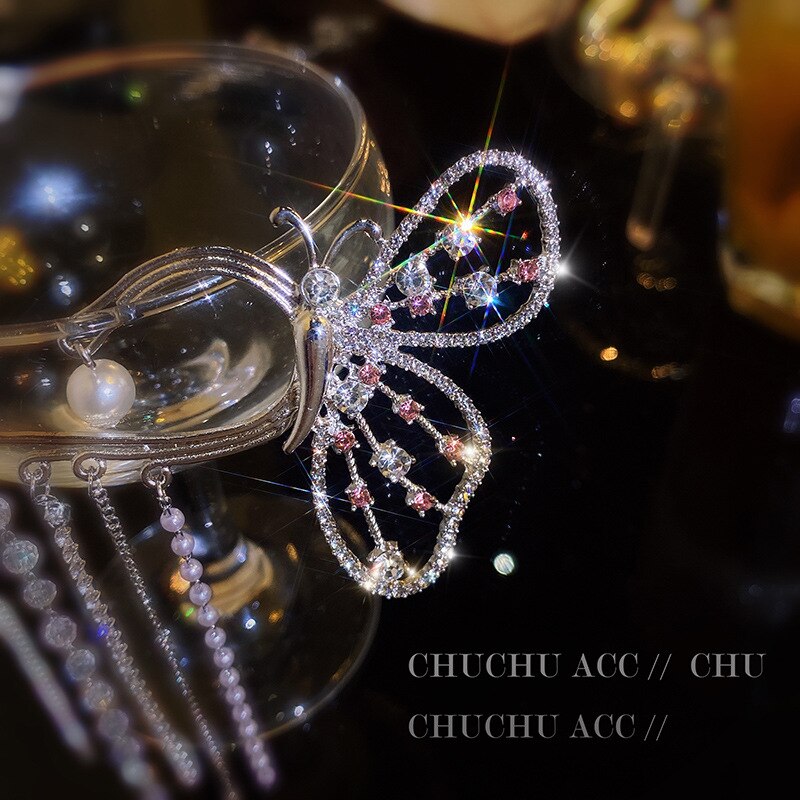 Japanse Koreaanse Mode Oor Clip Vrouwen Earring Ongebruikelijke Zoete Vlinder Parel Crystal Kwasten Chain Dangle Oorbellen