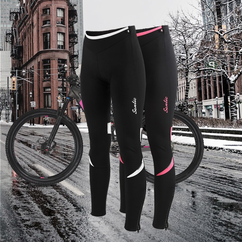 Santic Women MTB Bike Pants 4D Cushion Pad Reflective Thermal Winter Fleece Pants Breathable Bicycle Riding Running Cycling Pant