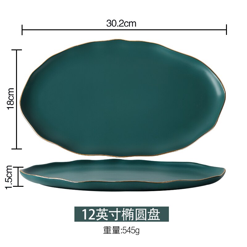 Plaat goud velg onregelmatige schotel thuis dineren plaat dark green keramische bestek set: elliptical disk