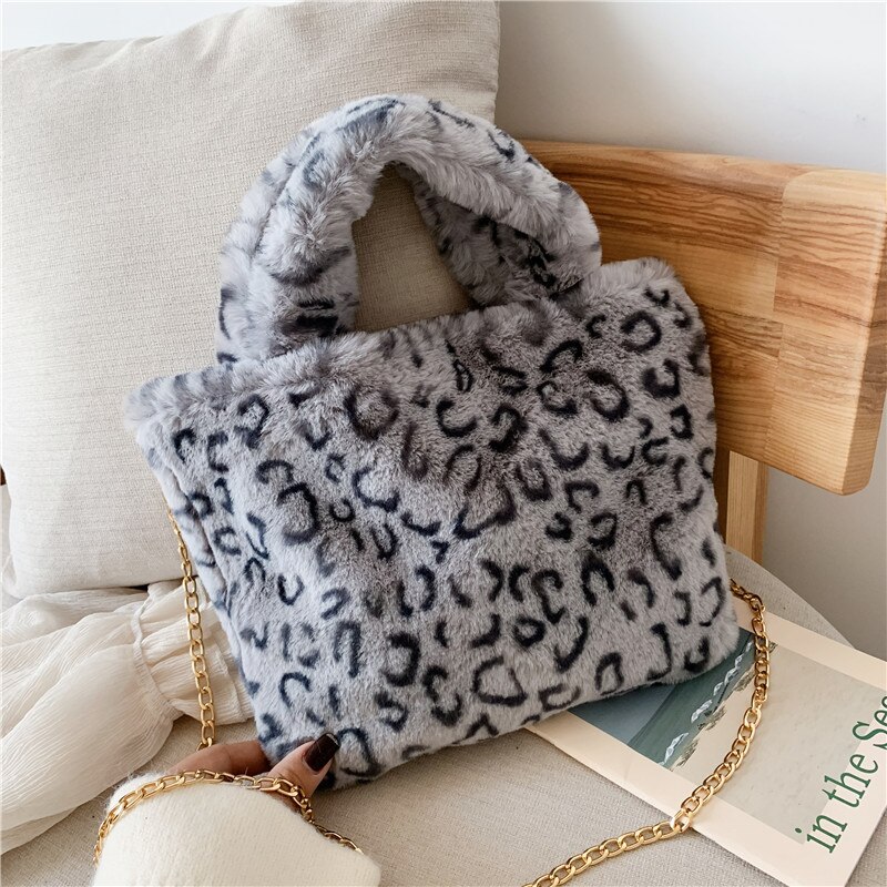 Inverno nova moda bolsa de ombro feminina leopardo bolsa feminina corrente grande pelúcia inverno bolsa mensageiro saco macio quente saco de pele: D