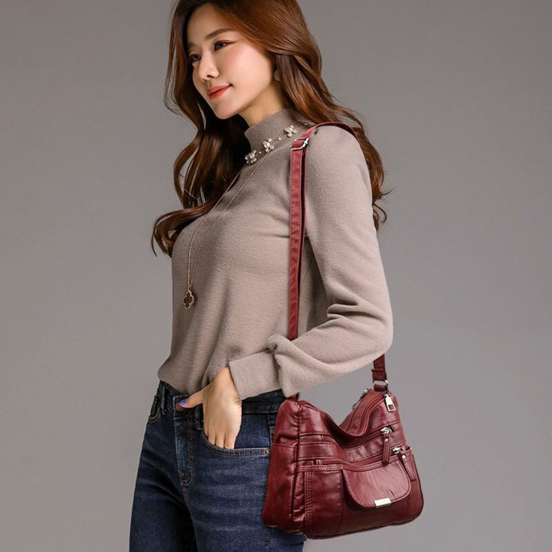 Retro women's bag double zipper shoulder bag soft leather handbag simple messenger bag trend multi-pocket bag