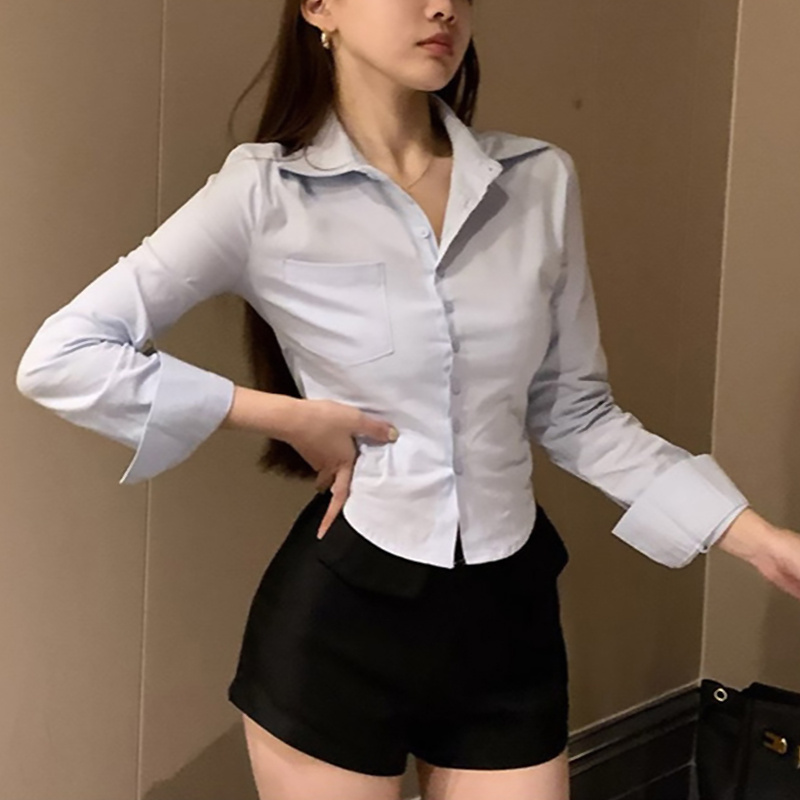 Camisa coreana blanca de oficina de gasa para mujer, blusa con solapa y botones de bolsillo para mujer, Tops cortos de manga larga para ir al trabajo para primavera