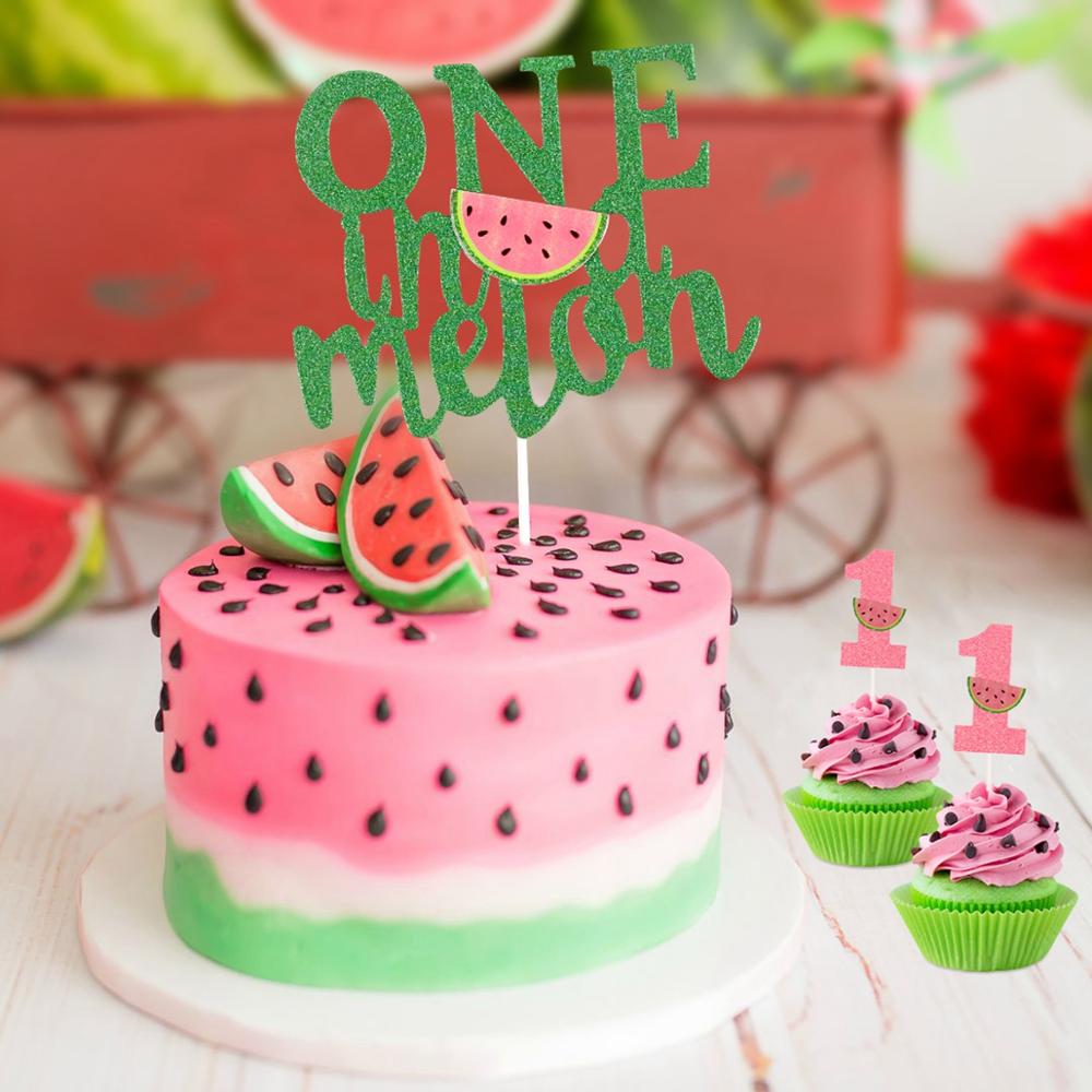 QIFU 1st Birthday Party Decorations Kids Summer Watermelon Party Cake Topper Bunting Flag Decor Pink Baby Shower Party Supplies