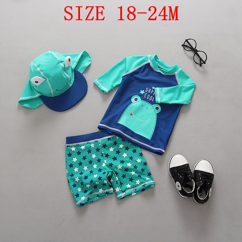 Baby Swimwear UV Protected Long Sleeve Bathing Suit Lovely Frog Print Two Pieces + Cap Boys Swimsuit Kids Swimming Pool Clothes: SIZE 18-24M H1715