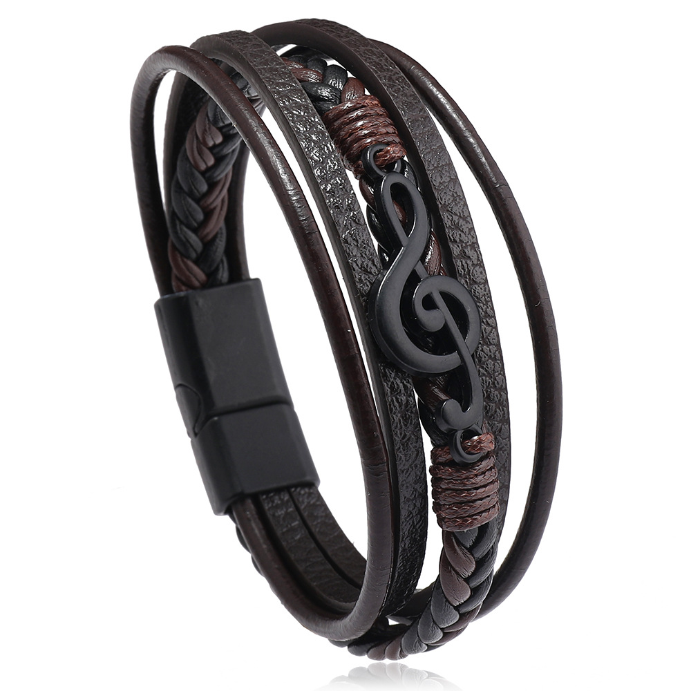 Men's Musical Symbol Leather Bracelet Vintage Men's Bracelet Music Symbol Simple Leather Multi-Layer Bracelet: REDDISH BROWN