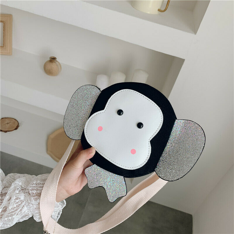 Girls Cute Animal Monkey Shoulder Bag Child Round Messenger Crossbody Handbag Baby Kids Cartoon Mini Coin Purse: Black