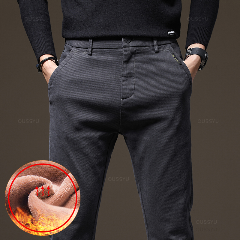 Pantalones informales cálidos de lana para hombre, de algodón, cintura elástica, sarga, trabajo, flocado, pantalones Cargo gruesos, novedad de invierno de 2024: 32 / Gris