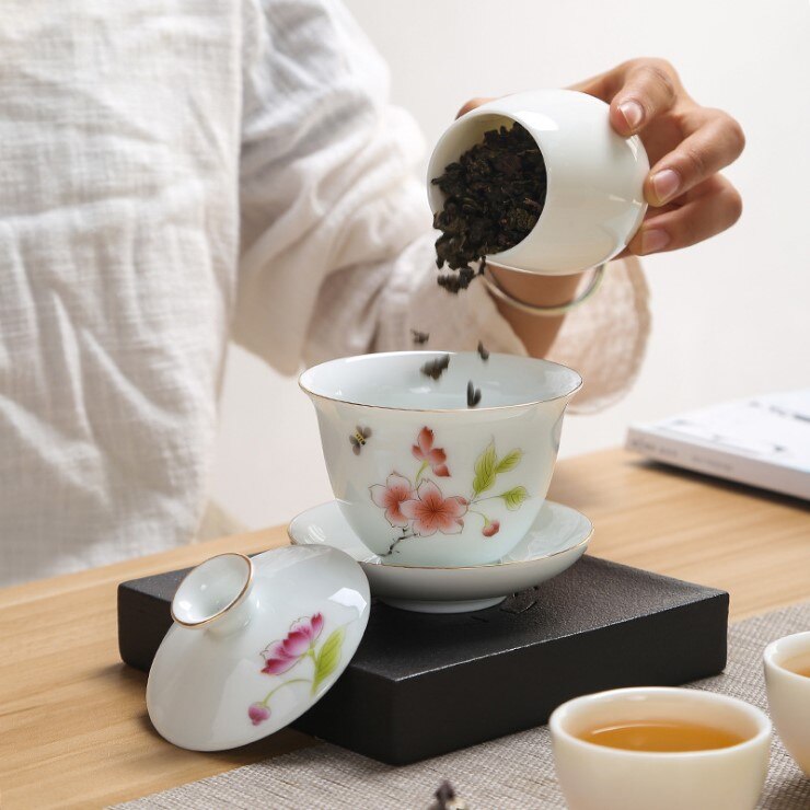 Kung fu te sæt hvid porcelæn tre til at dække skålen