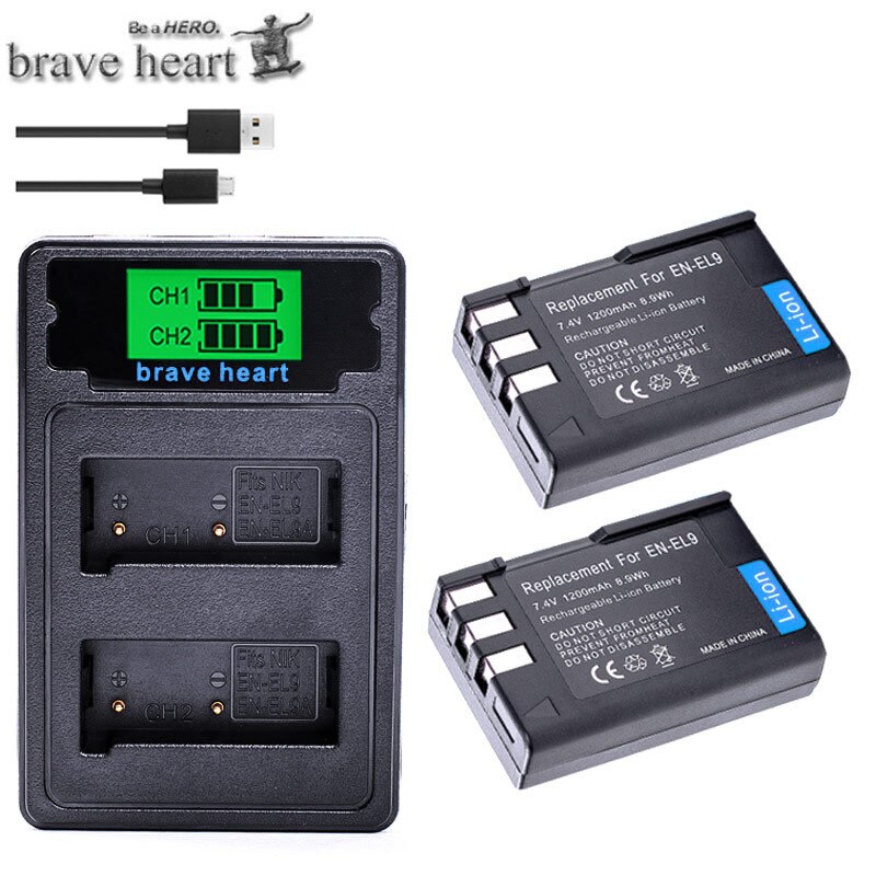 Batería EN-EL9A, EN-EL9 EN EL9, el9a, ENEL9A, batería ENEL9 + cargador dual tipo c para cámara Nikon D40, D40X, D60, D3000, D5000, L15: charger and 2battery