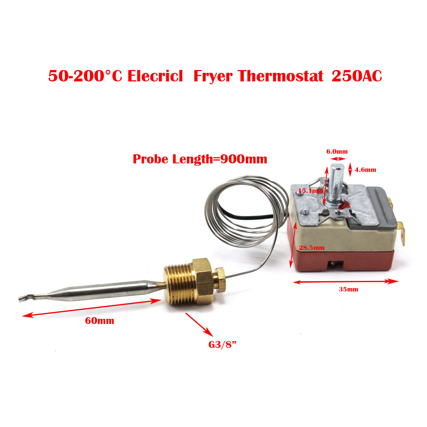 250V Electric Deep Fryer Thermostat Control Parts with 3/8" Brass Nuts Temperature Range 50~200 Celsius Commercial Cooktop Kits