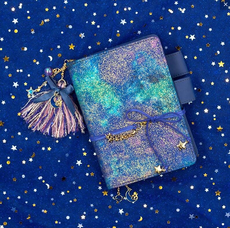 Date A5 A6 belle Kawaii étoile bleue Bling Bling carnet Agenda Journal planificateur Journal hebdomadaire Plan manuel papeterie: bands and tassels / A5