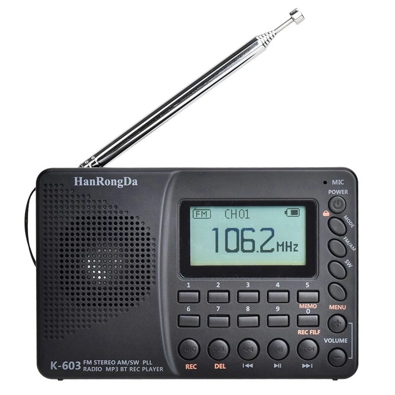 HRD-603 Portable Radio AM/FM/SW/BT/TF Pocket Radio USB MP3 Digital Recorder Support TF Card Bluetooth