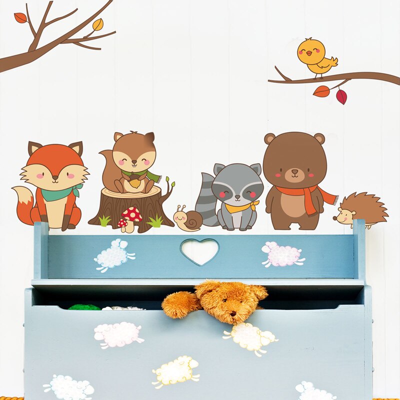 Baby Fox Bear Cartoon DIY Forest Animal Wall Sticker for Kids Room Nursery Dorm Removable Funny PVC Mural Decals Home Decor