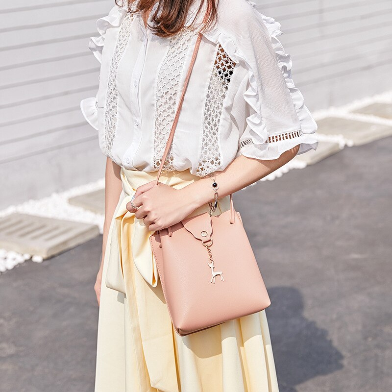 Spring Small Bucket Bag Women Deer PU Leather Shoulder Bag Female Wild Beam Crossbody Bag