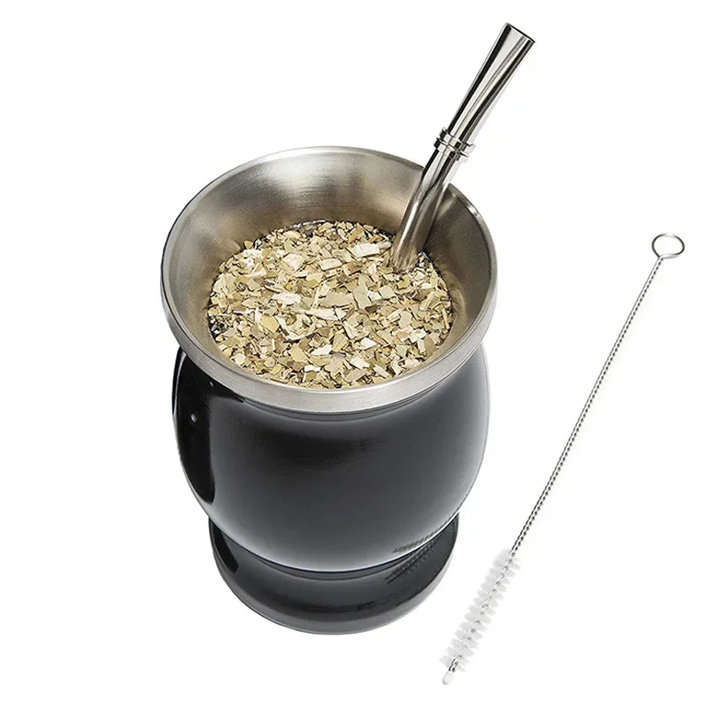 Yerba Mate Kopp Kemorii 304 Rustfritt Stål Dobbel Vegg - Inkl. Bombilla og Rensebørste: Svart